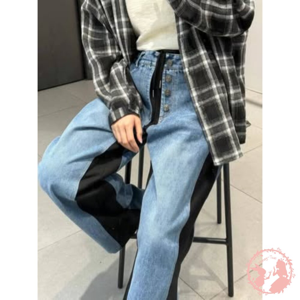 韓國新品 美式撞色拼接休閒牛仔寬鬆長褲-圖片-8