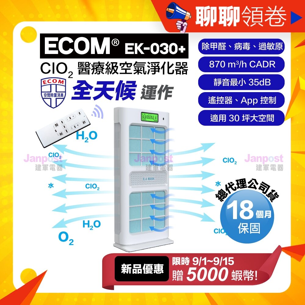 24085298546-10%蝦幣 ECOM 限時蝦幣回饋 保固一年半 EK-030+ 醫療級 空氣清淨機 CIO2 消毒 殺菌 代開電子發票