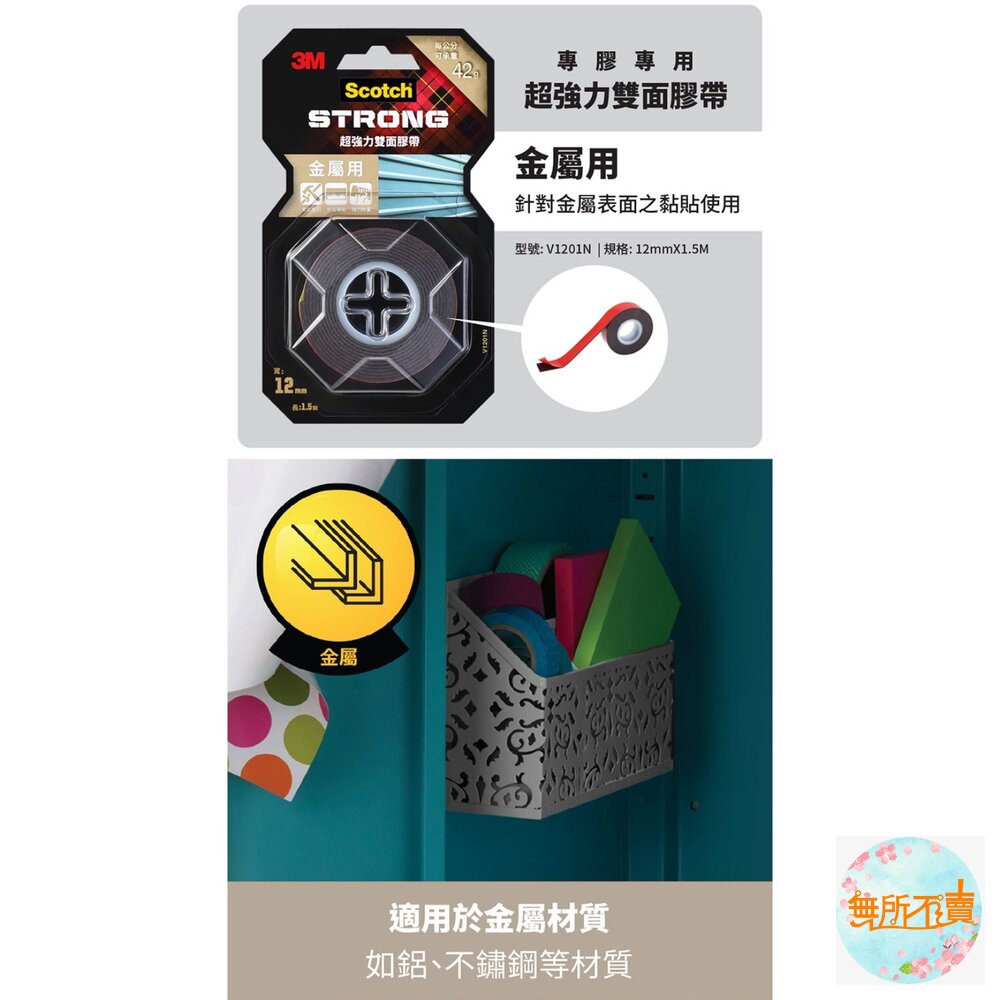 3M 超強力雙面膠帶:金屬/塑膠/凹凸面/玻璃磁磚/多用途/耐熱/防水/戶外(12mm*1.5m)(18MMx1.5M)-圖片-3