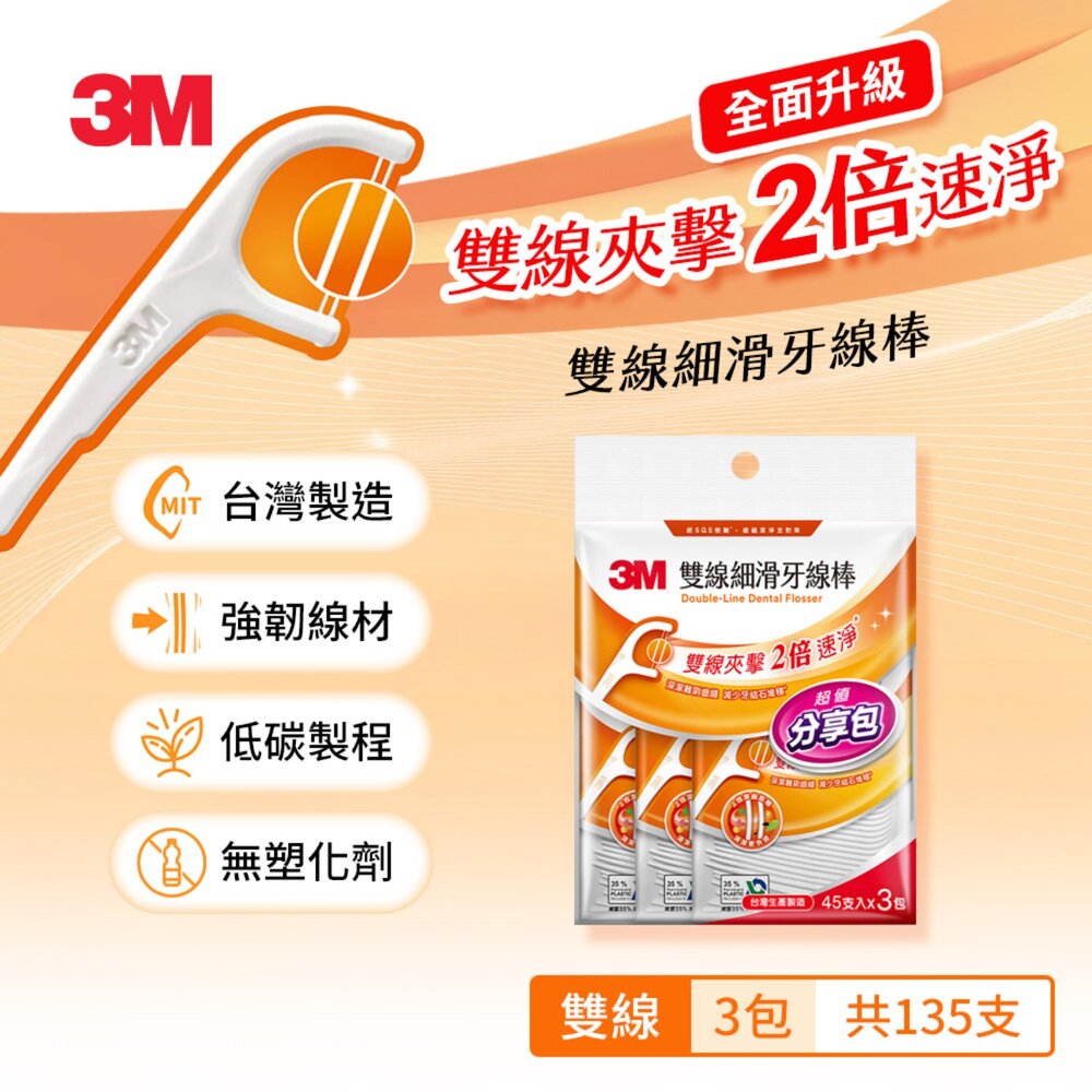 3M_0410083-3M 新款雙線細滑牙線棒-散裝超值量販包 135支(45支X3包)/單支量販分享包90支(30支X3包)