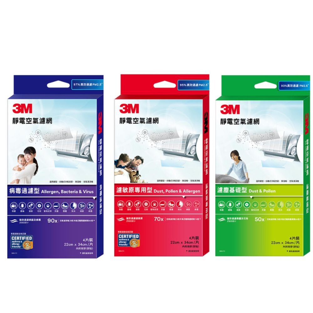 3M_1413037-3M 靜電空氣濾網/冷氣濾網4片裝：綠 濾塵/紅 濾敏原/紫 病毒過濾(適用空調/清淨機/除濕機)