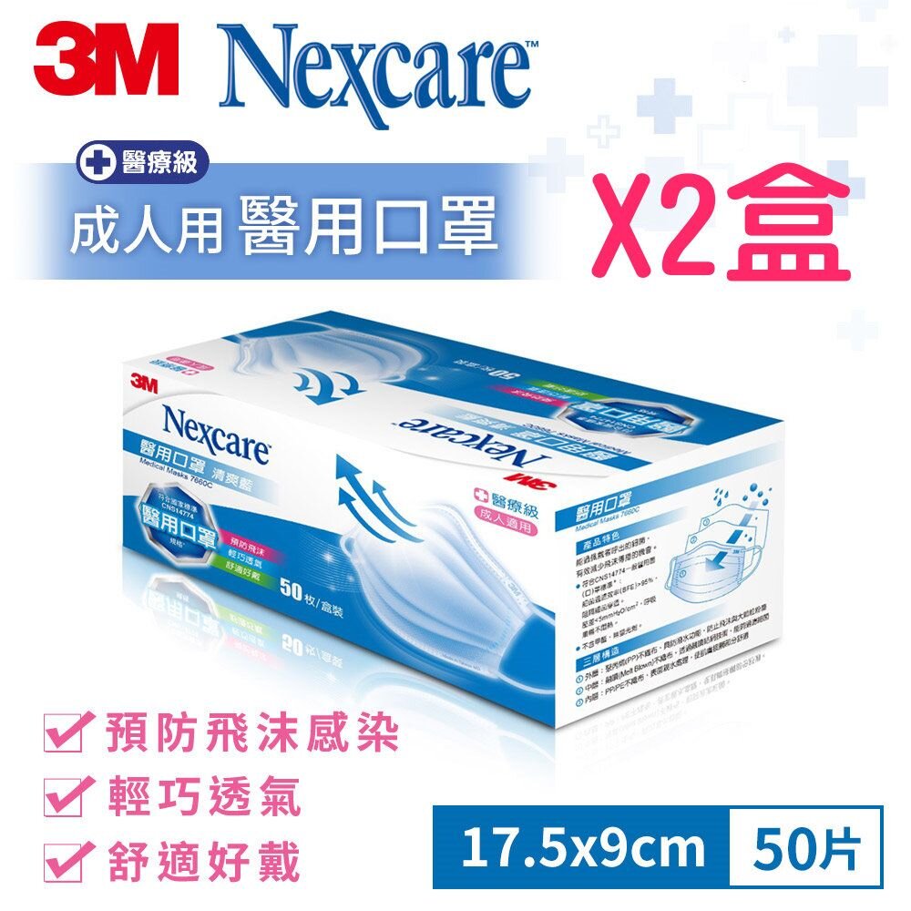 3M_7660C_YC-3M  7660C醫用口罩2盒組(藍)(50片/盒)兒童/成人(即期品出清) (買1盒送1包50入(盒損不附盒)
