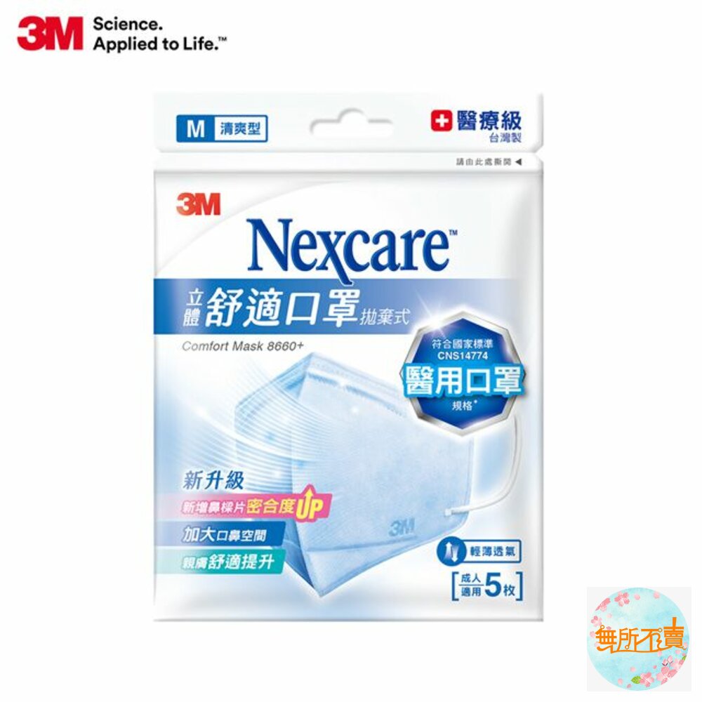 3M_8660-醫療級口罩舒適口罩拋棄式清爽型5片包：M (買5送1) /L型(最後幾包售完為止)