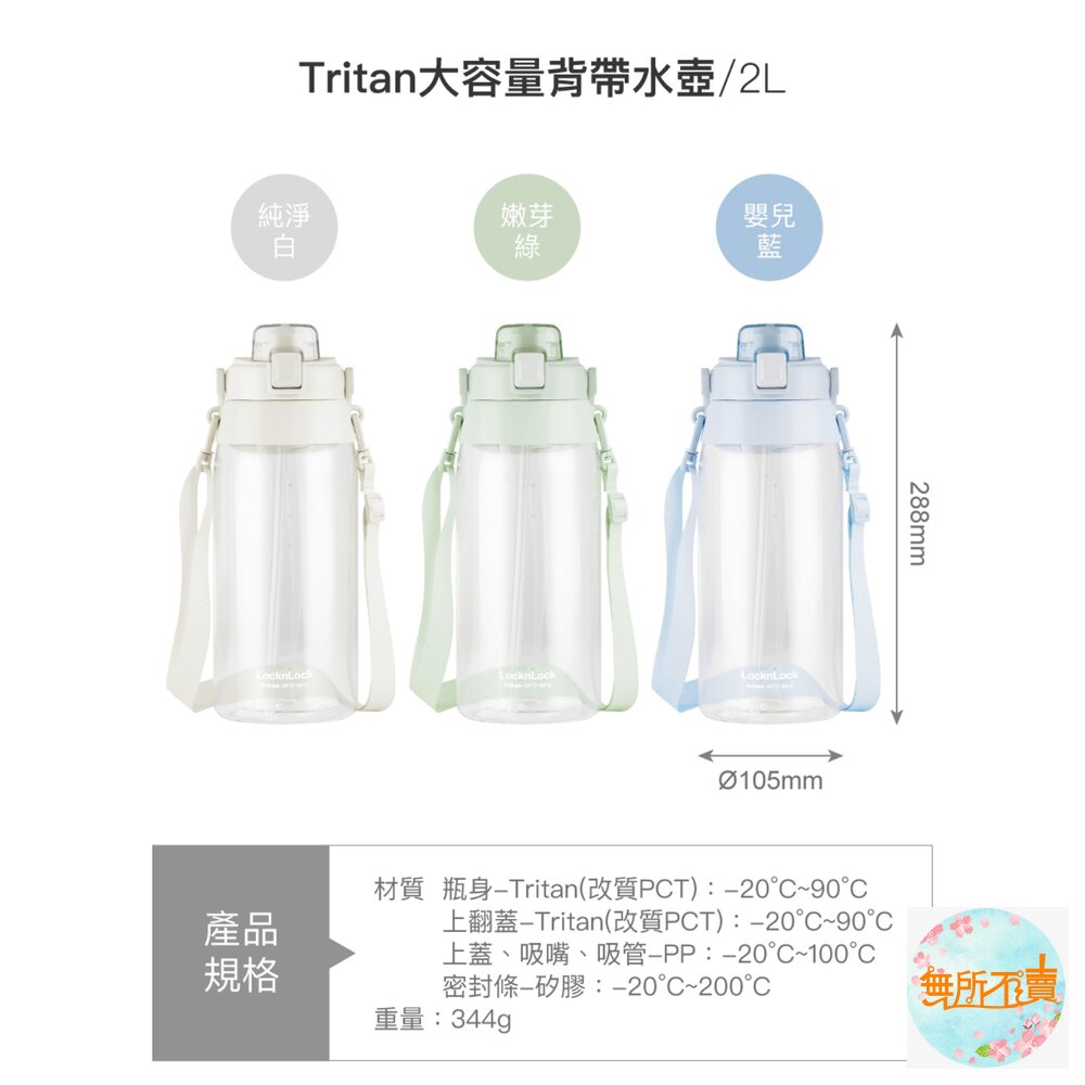 樂扣樂扣Tritan大容量背帶水壺2L嫩芽綠/純淨白嬰兒藍(ABF752)-圖片-4