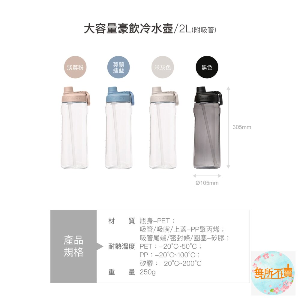 樂扣樂扣大容量豪飲冷水壺2.0L(附吸管)/莫蘭迪藍(HAP942SMBLU)/米灰色(HAP942SLGRY)/淡莫粉-圖片-3