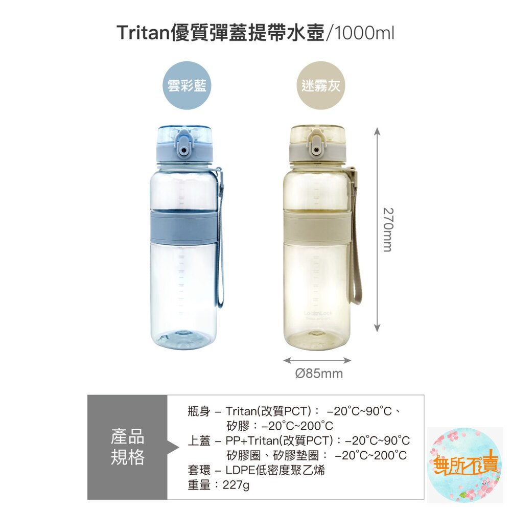 樂扣樂扣Tritan優質彈蓋提帶水壺1000ml/迷霧灰/雲彩藍-圖片-4