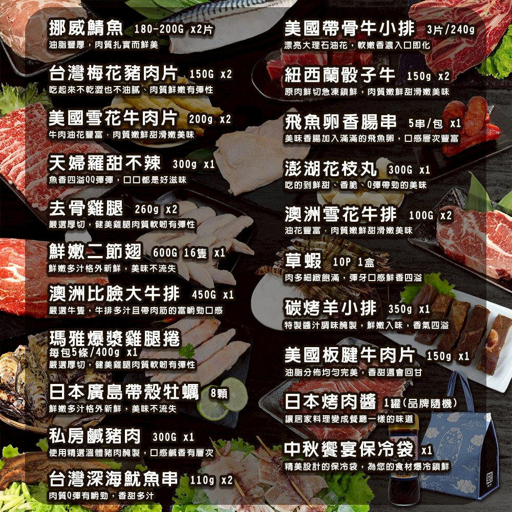 中秋烤肉齊聚盛宴28件組(約8-10人份) 0運費【天天鮮配】鯖魚 豬肉片 牛肉片 骰子牛 魷魚 牛排 雞翅 雞腿 牡蠣-圖片-4