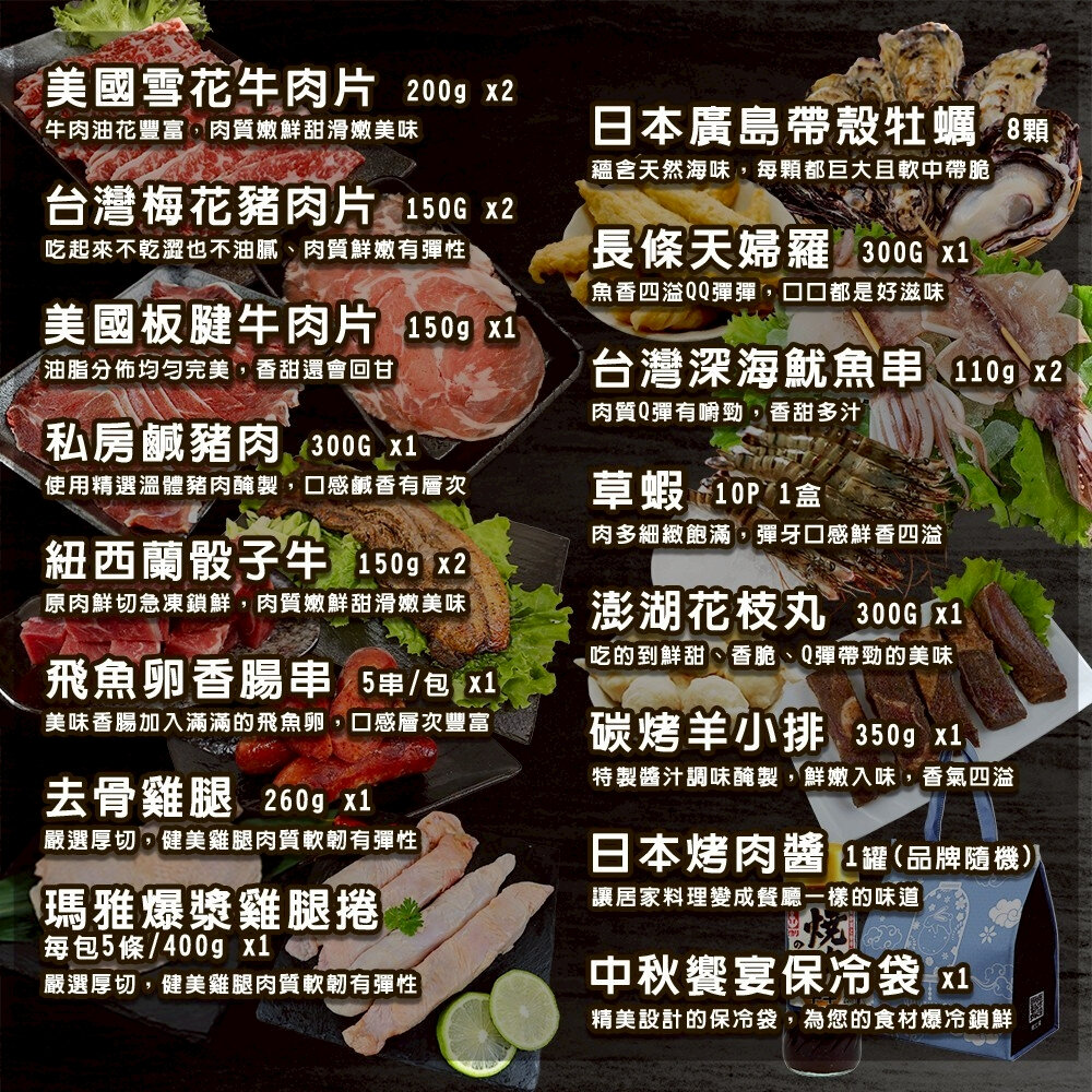 中秋烤肉全家福同享20件組(約6-8人份) 0運費【海陸管家】牛肉片 豬肉片 骰子牛 香腸 雞腿 牡蠣 魷魚 羊小排-圖片-2