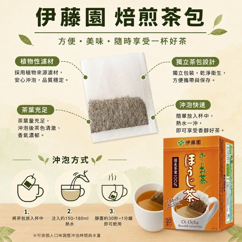 日本伊藤園 綠茶/玄米茶/焙煎茶包(每盒20入) 焙茶 煎茶 綠茶 沖泡包 沖泡茶包-圖片-6