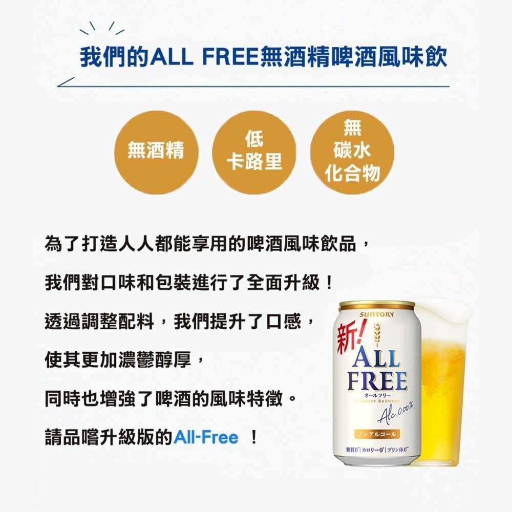 日本Suntory三得利 ALL FREE無酒精啤酒風味飲(每罐350ml) 無酒精飲料 啤酒飲 氣泡飲-圖片-4