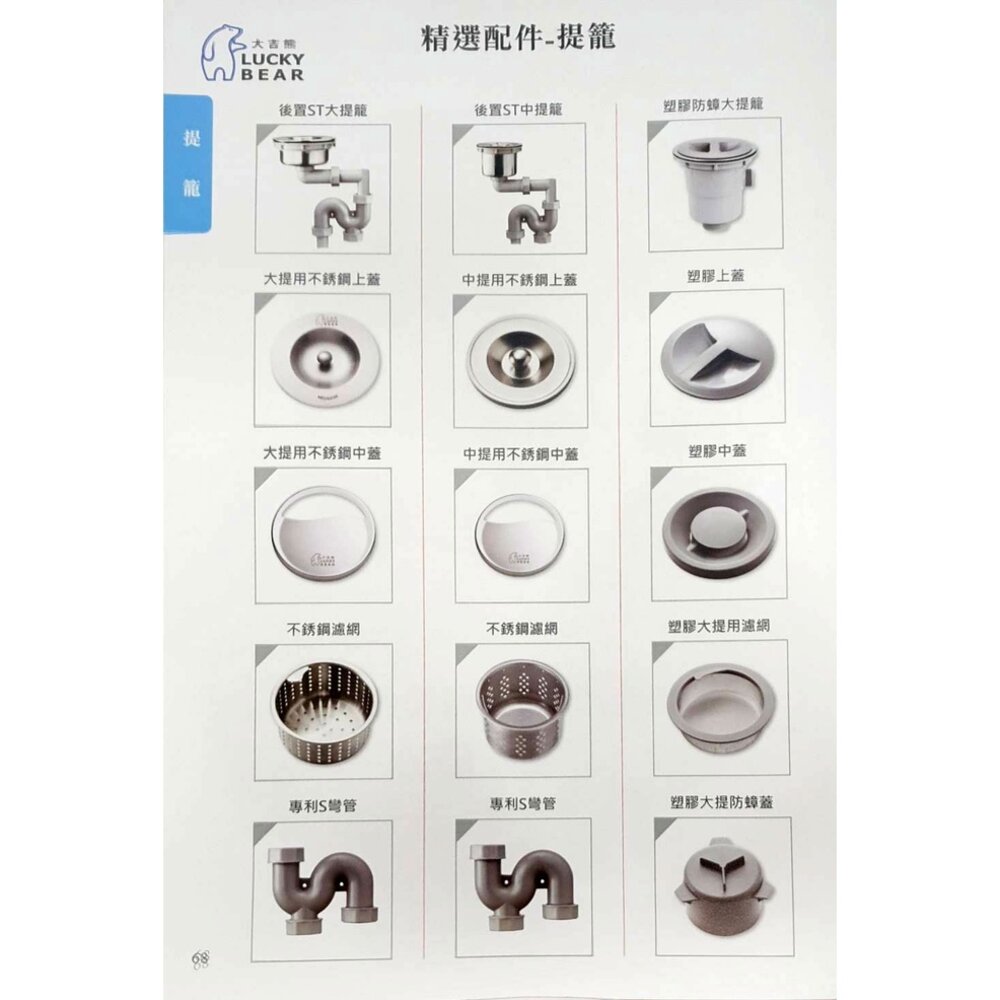 002592-【KW廚房世界】大吉熊 LUCK BEAR 水槽 提籠 配件 上蓋 中蓋 濾網 S彎管 精選配件 不銹鋼 防蟑防臭 ST