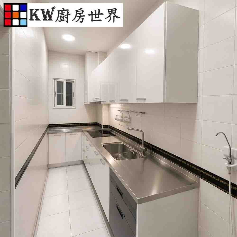 002876-系統廚具 廚房設計 客製化 廚櫃 流理台 工廠直營 L字型 408公分 白鐵檯面 櫻花 喜特麗 落地烘碗機 瓦斯爐