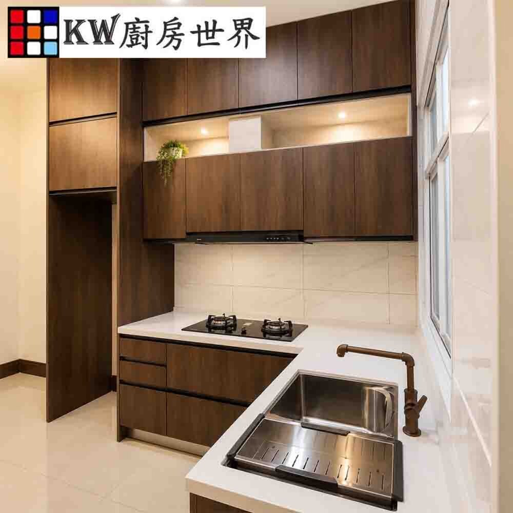 002882-系統廚具 廚房設計 客製化 廚櫃 流理台 工廠直營 L型 350公分 石英石 冰箱櫃 林內三機 雙層上櫃 空間櫃