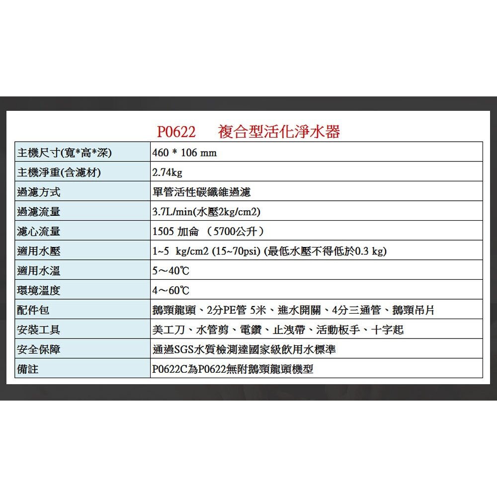【免運費】 高雄 櫻花牌 P0622 / P0622C 複合型活化淨水器 淨水器 限定區域送基本安裝-圖片-4