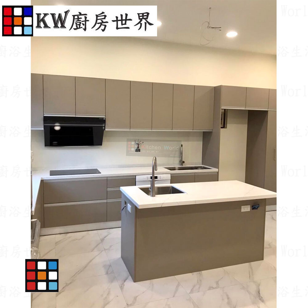 004073-高雄 系統廚具 廚房設計 客製化 廚櫃 流理台 工廠直營 奶茶色中島流理台 【KW廚房世界】