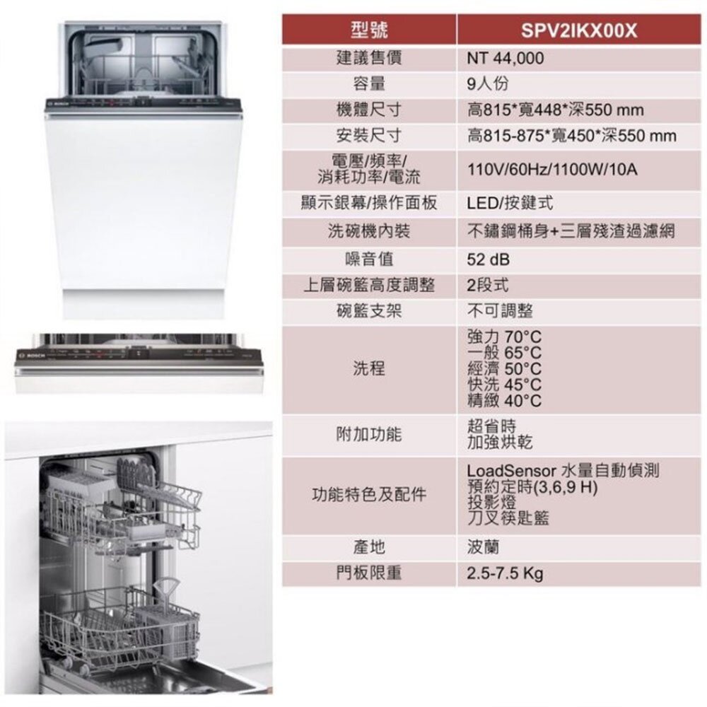 高雄 BOSCH 博世 SPV2IKX00X 全嵌式 洗碗機 45 cm-圖片-2