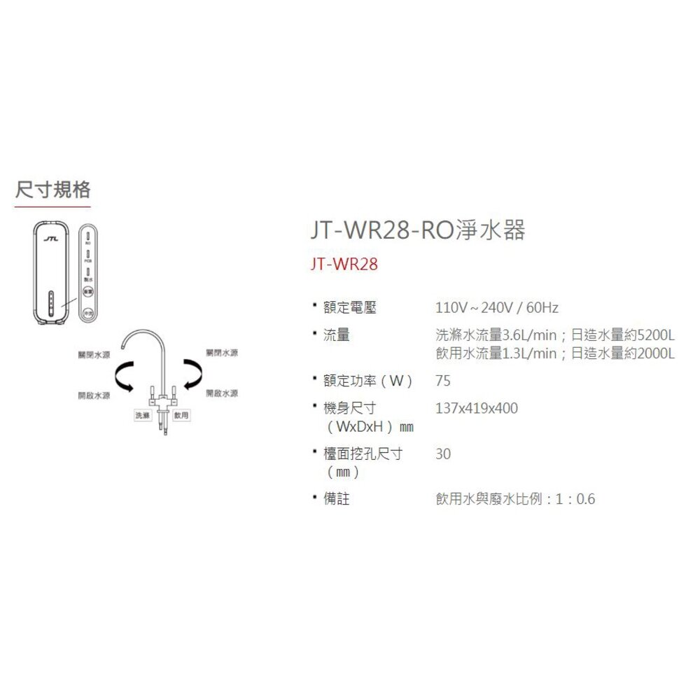 喜特麗 JT-WR28 RO淨水器 搭配304不鏽鋼出水水龍頭-圖片-2