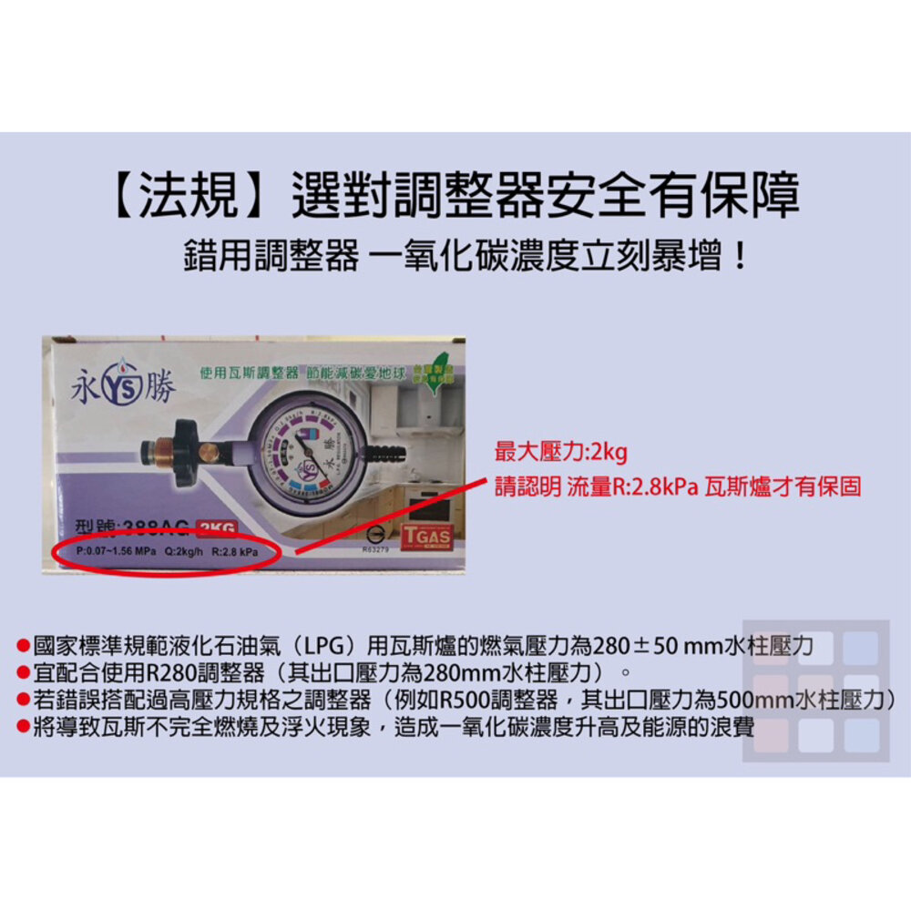 永勝 388AG 2KG 瓦斯調整器 超流截斷 附錶 瓦斯爐 熱水器 專用-圖片-4