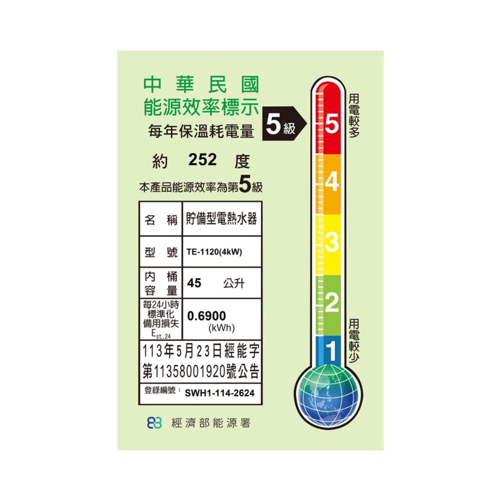 高雄 莊頭北 TE-1120 12加侖 直掛 儲熱式 電能 熱水器 ☆220V 直掛式 不含安裝-圖片-2