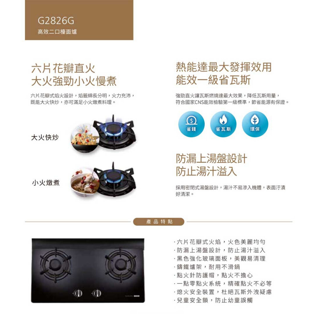【免運費】 櫻花牌 G2826G 高效 玻璃 檯面爐 瓦斯爐 限定區域送基本安裝 【KW廚房世界】-圖片-4