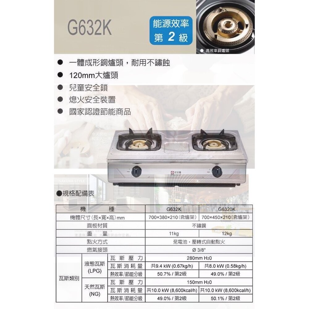 【免運費】 高雄 櫻花牌 G632K 全白鐵安全台爐 瓦斯爐 限定區域送基本安裝-圖片-3