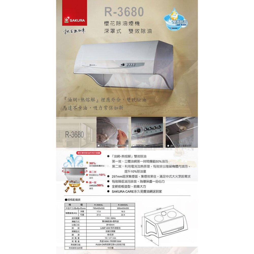 【免運費】櫻花牌 R3680SXL (90CM) 深罩式除油煙機 雙效除油限定區域送基本安裝-圖片-2