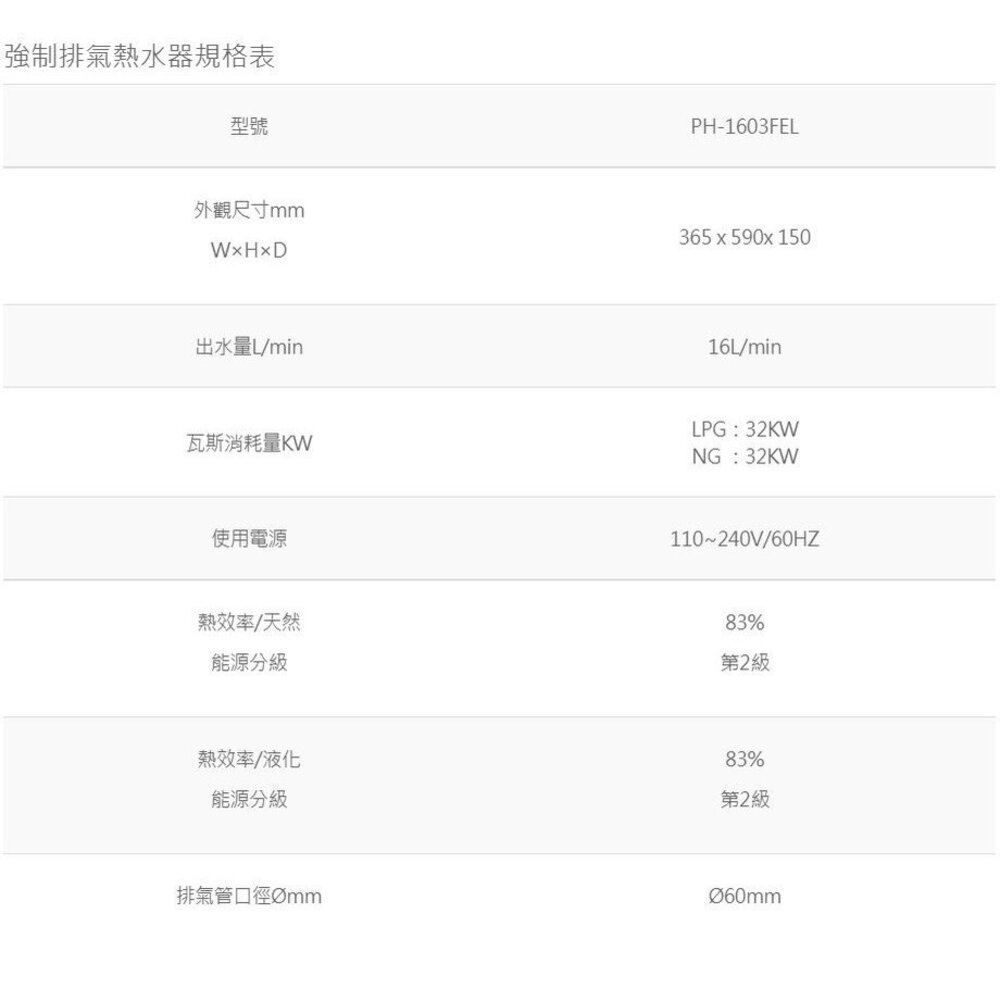 高雄 寶田牌 PH-1603FEL 強制排氣熱水器 16L 數位恆溫 下置式DC變頻馬達-圖片-3