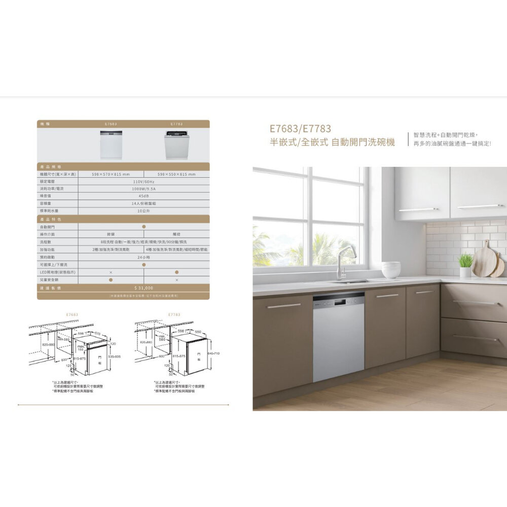 【免運費】高雄 櫻花牌 E7683 半嵌式自動開門洗碗機  洗碗機【KW廚房世界】-圖片-3