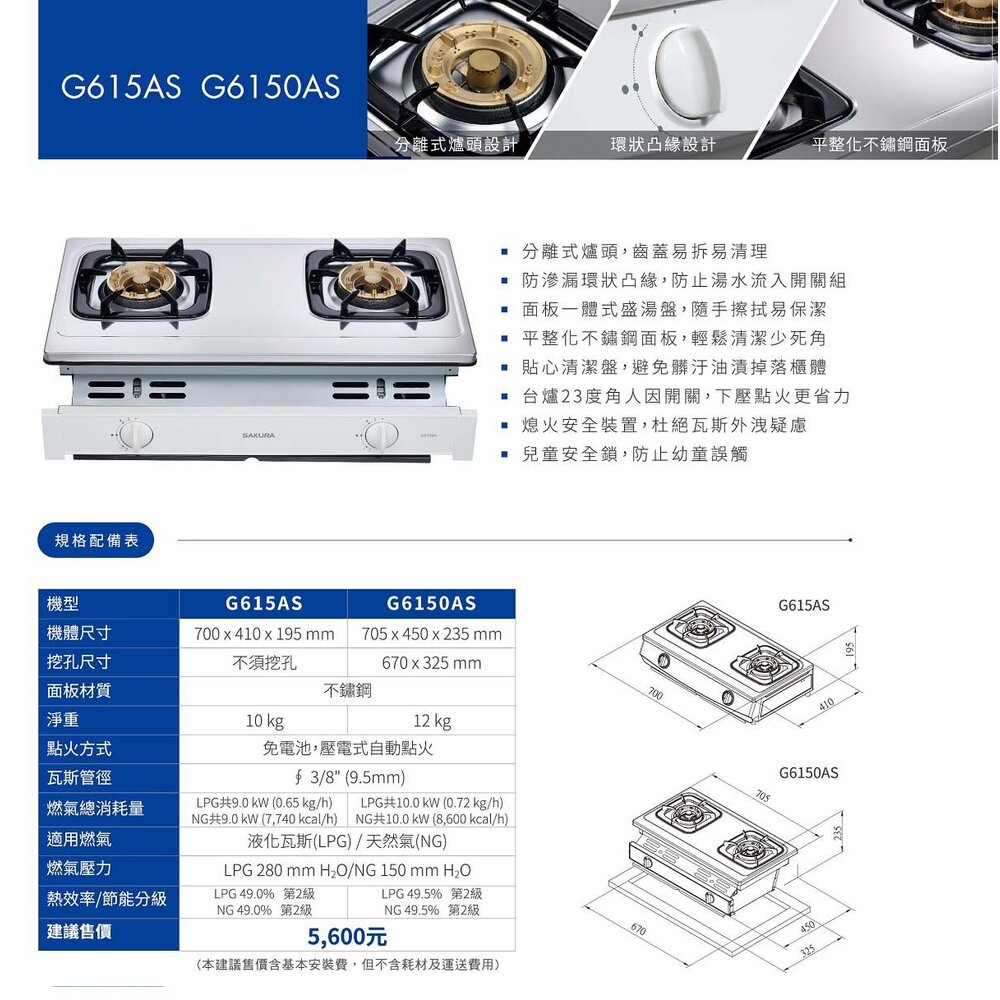 櫻花牌 G6150A 雙口嵌入爐 G6150 瓦斯爐 限定區域送基本安裝-圖片-4