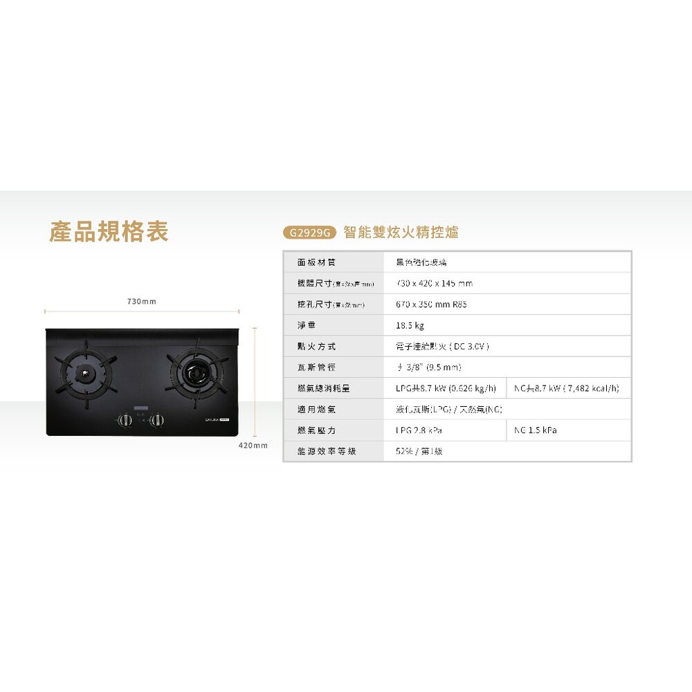 櫻花牌 G2929G AI智能雙炫火精控 瓦斯爐 檯面爐 7+1段火力調控 限定區域送基本安裝-圖片-6