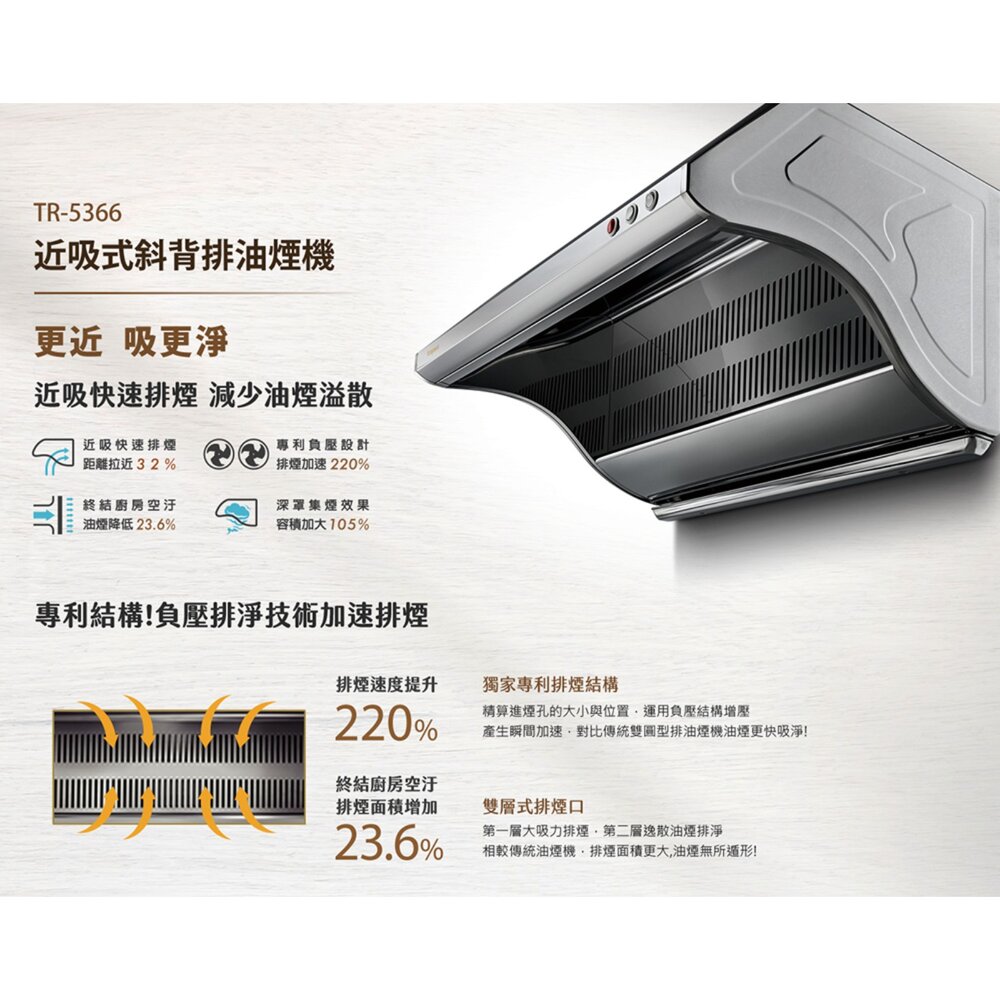 高雄 莊頭北 TR-5366 近吸式 斜背排油煙機 抽油煙機 限定區域送基本安裝-圖片-3