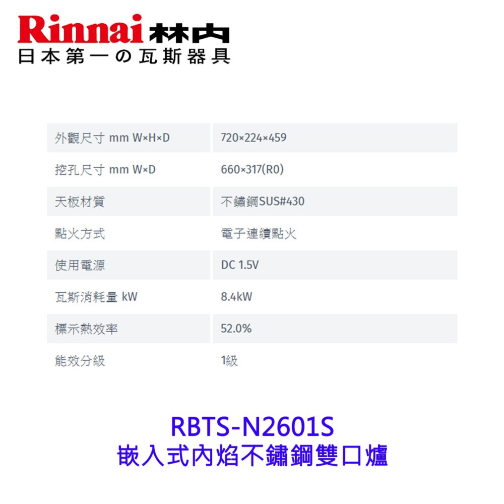 林內牌 RBTS-N2601S 嵌入式內焰不鏽鋼雙口爐 2601 限定區域送基本安裝-圖片-6