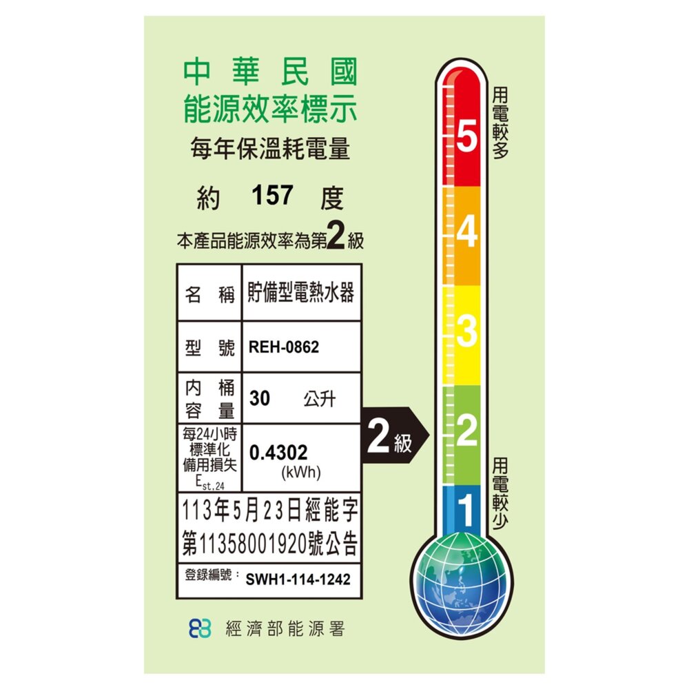 林內牌 REH-0862 8加侖 儲熱式 電熱水器 ☆不鏽鋼內桶 白鐵內膽 限定區域送基本安裝-圖片-2
