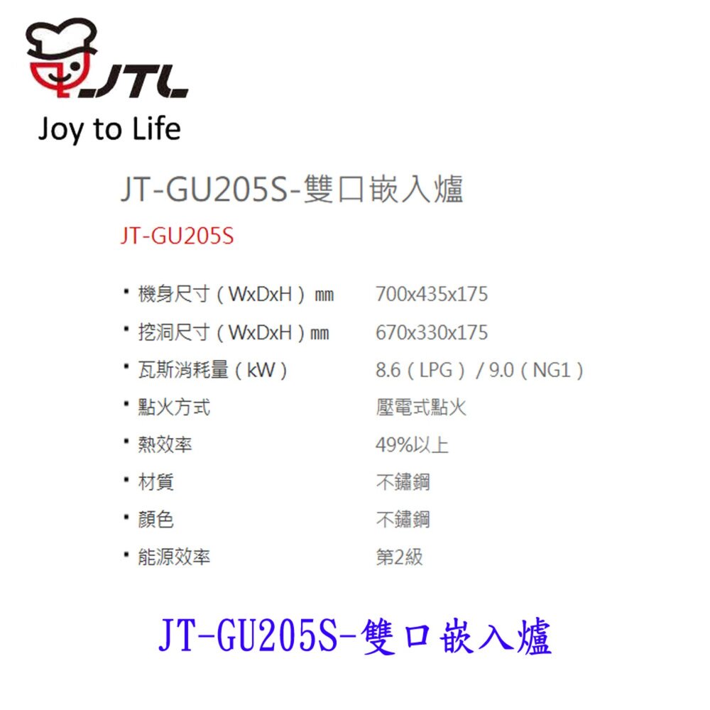 高雄 喜特麗 JT-GU205S 雙口嵌入爐 瓦斯爐 限定區域送基本安裝【KW廚房世界】-圖片-2