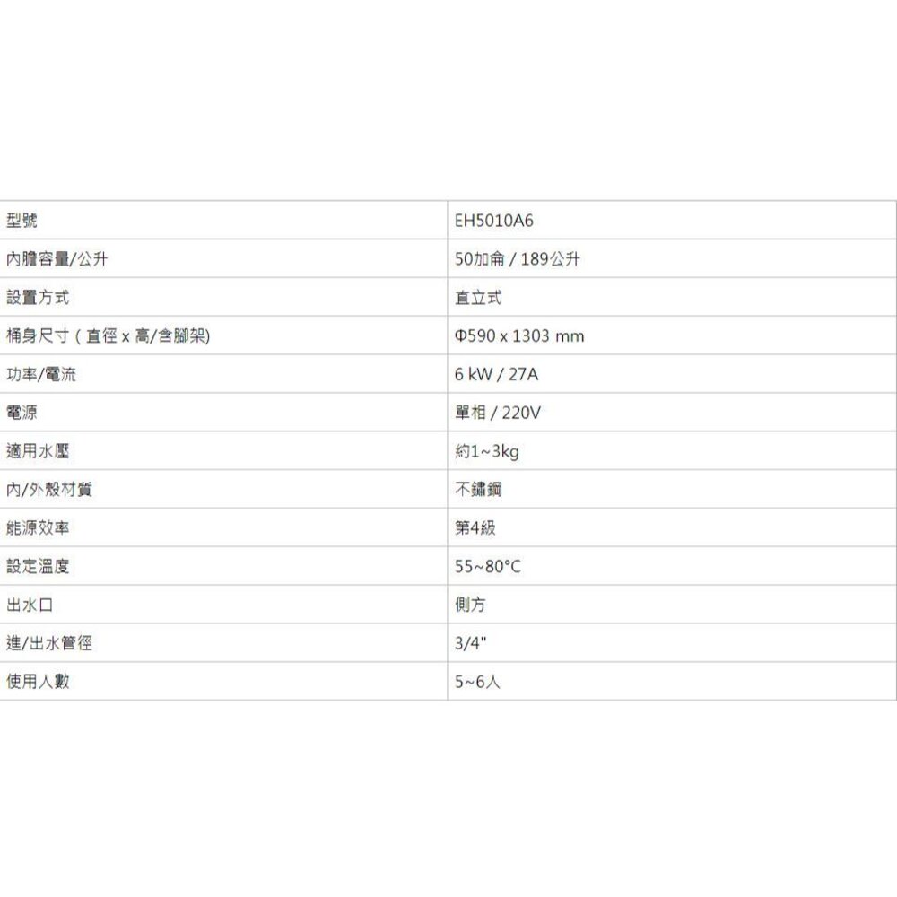 【免運費】 高雄 櫻花牌 EH5010A6 儲熱式 電熱水器 50加侖 直立式 5010 限定區域送基本安裝-圖片-3
