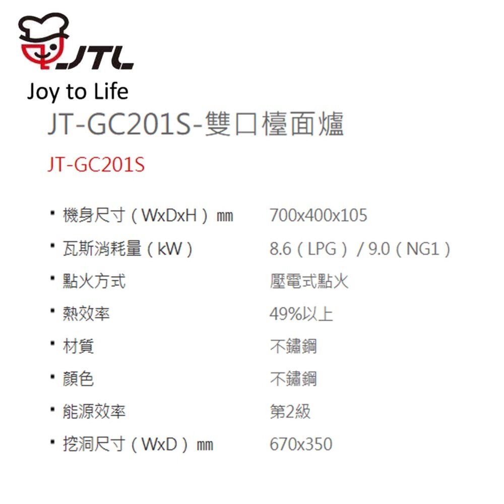 高雄 喜特麗 JT-GC201S 雙口檯面爐  瓦斯爐 限定區域送基本安裝-圖片-4