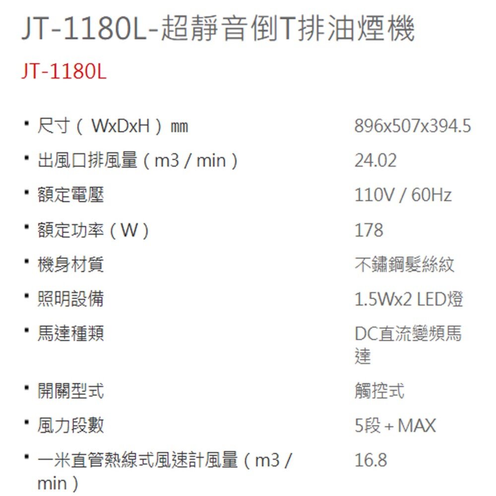 高雄 喜特麗 JT-1180L 超靜音倒T排油煙機 1180 限定區域送基本安裝-圖片-3