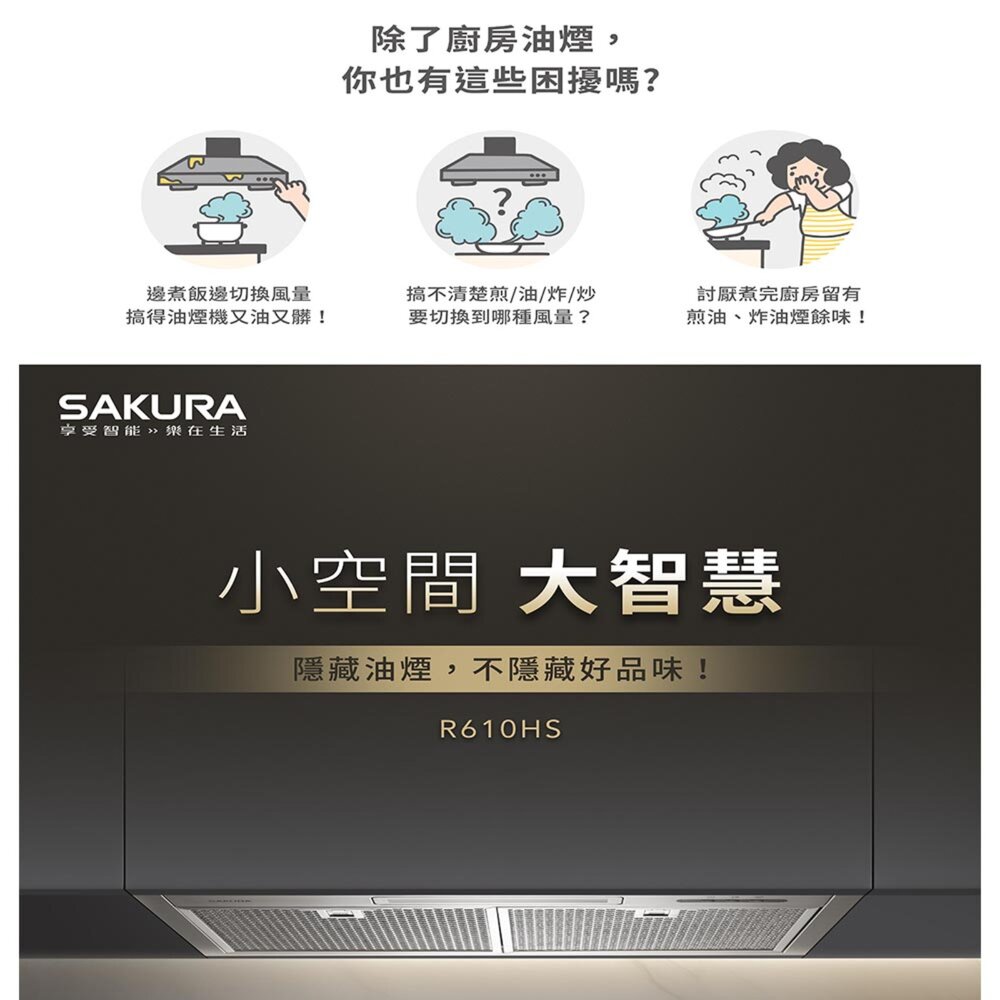 櫻花牌 R610HS 全隱藏除油煙機 小宅系列 排油煙機 限定區域送基本安裝-圖片-5