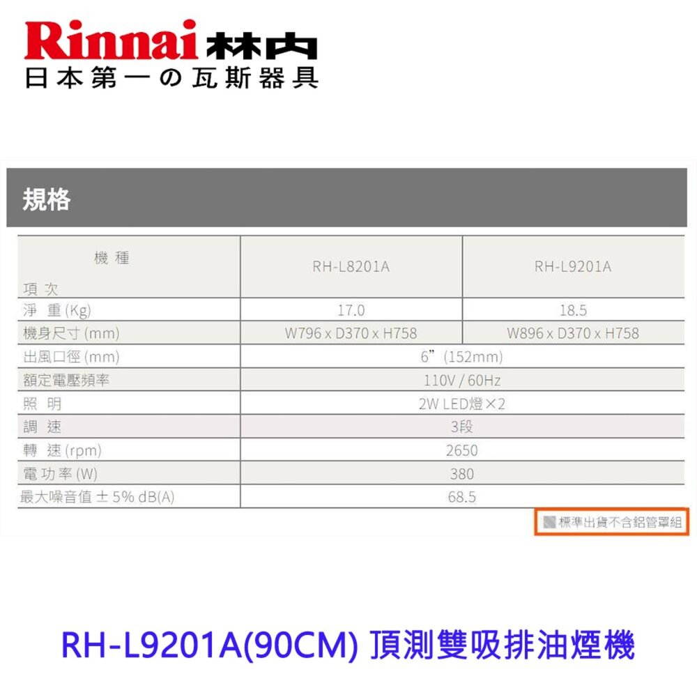 林內牌 RH-L9201A 90CM 不含風管護罩 頂側雙吸排油煙機 限定區域含基本安裝-圖片-3