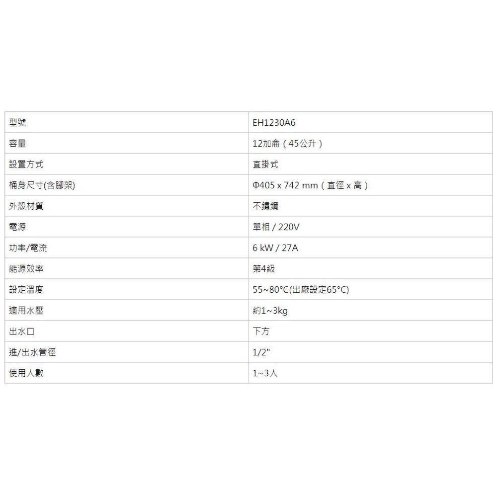 【免運費】 高雄 櫻花牌 EH1230A6  12加侖 倍容 儲熱式 電熱水器 直立式 限定區域送基本安裝-圖片-3