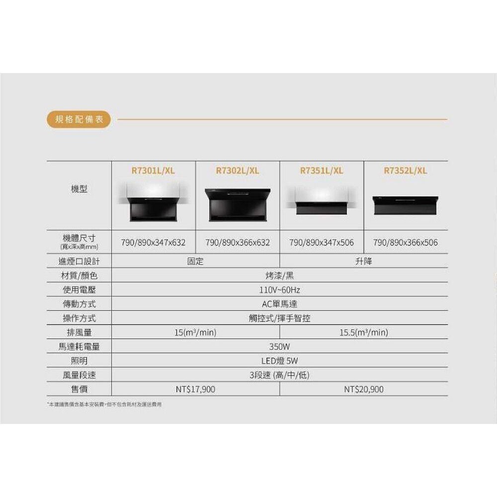 櫻花牌 R7351L/R7351XL 近吸除油煙機 全隱藏式抽油煙機 限定區域送基本安裝-圖片-5