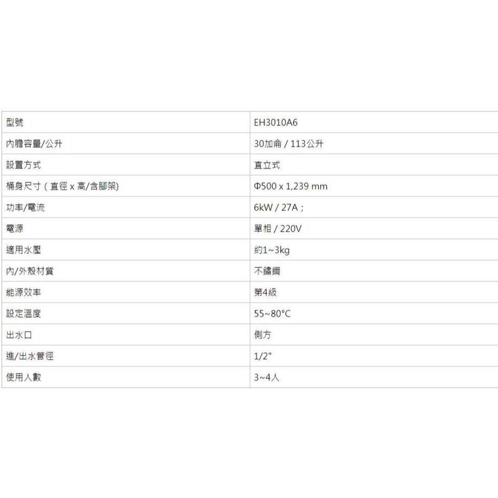 高雄 櫻花牌 EH3010A6 儲熱式 電熱水器 30加侖 直立式 3010 限定區域送基本安裝-圖片-3