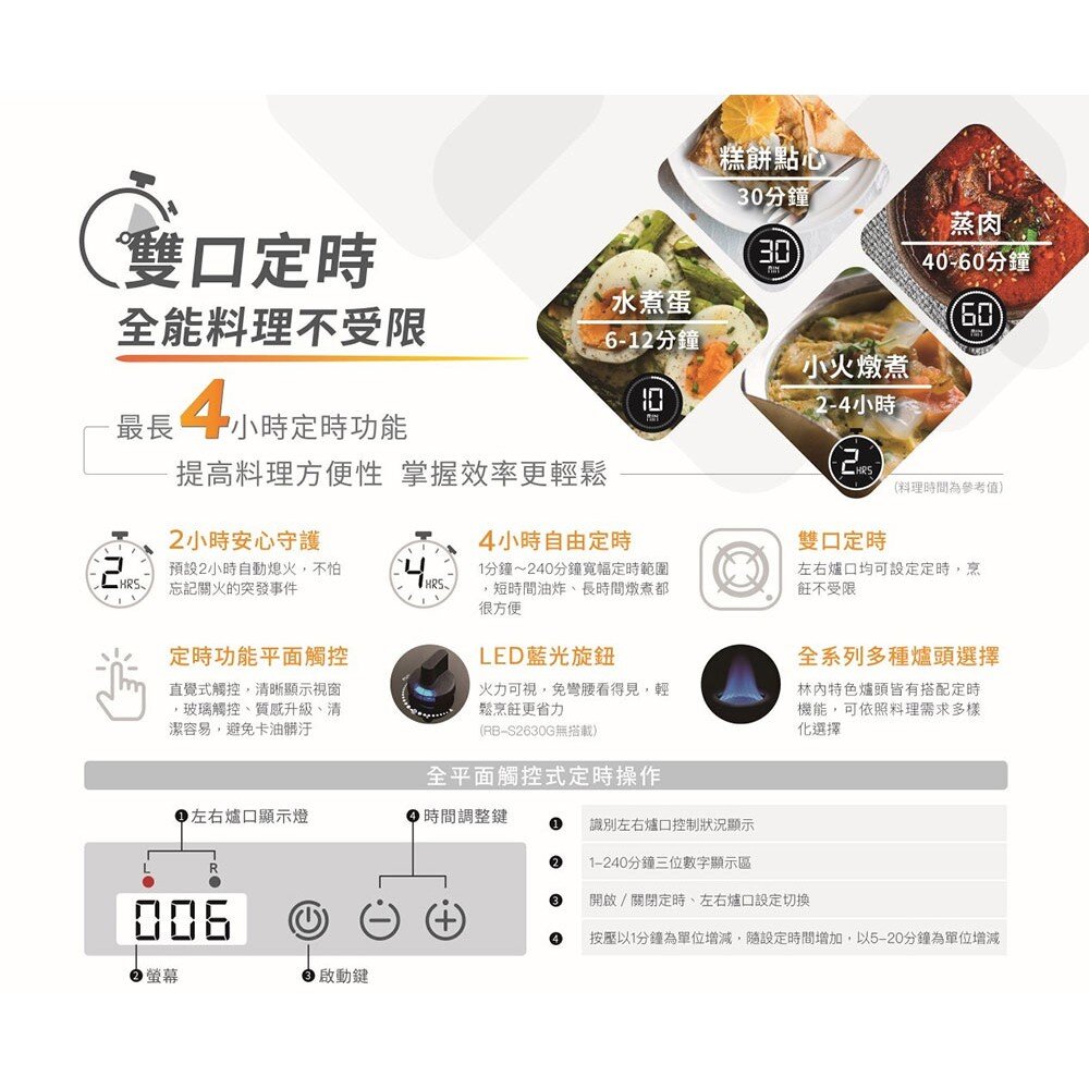 林內牌 瓦斯爐 RB-S2630G(B) 檯面式防漏玻璃二口爐 (定時功能) 限定區域送基本安裝-圖片-3