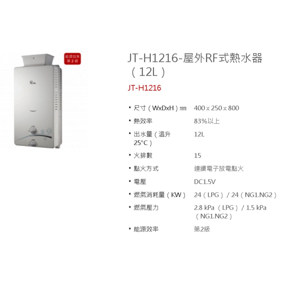 高雄喜特麗 JT-H1216 屋外RF式熱水器 12L 限定區域送基本安裝-圖片-4