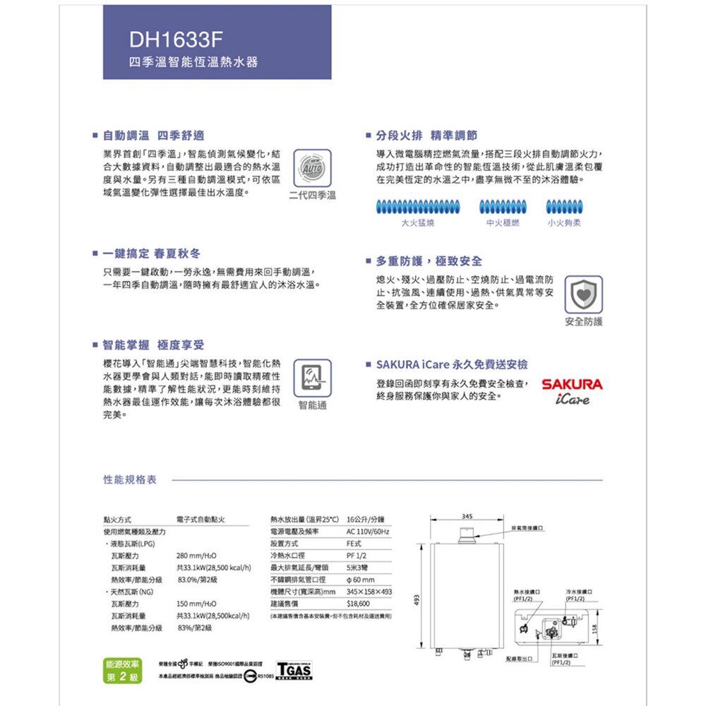【免運費】 高雄 櫻花牌 DH1633F 16L 四季溫 智能恆溫 熱水器 1633 限定區域送基本安裝-圖片-4