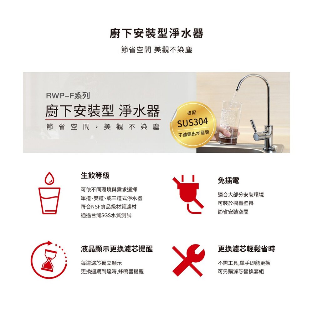 林內牌 RWP-F300 廚下型三道式淨水器 (含龍頭)-圖片-2