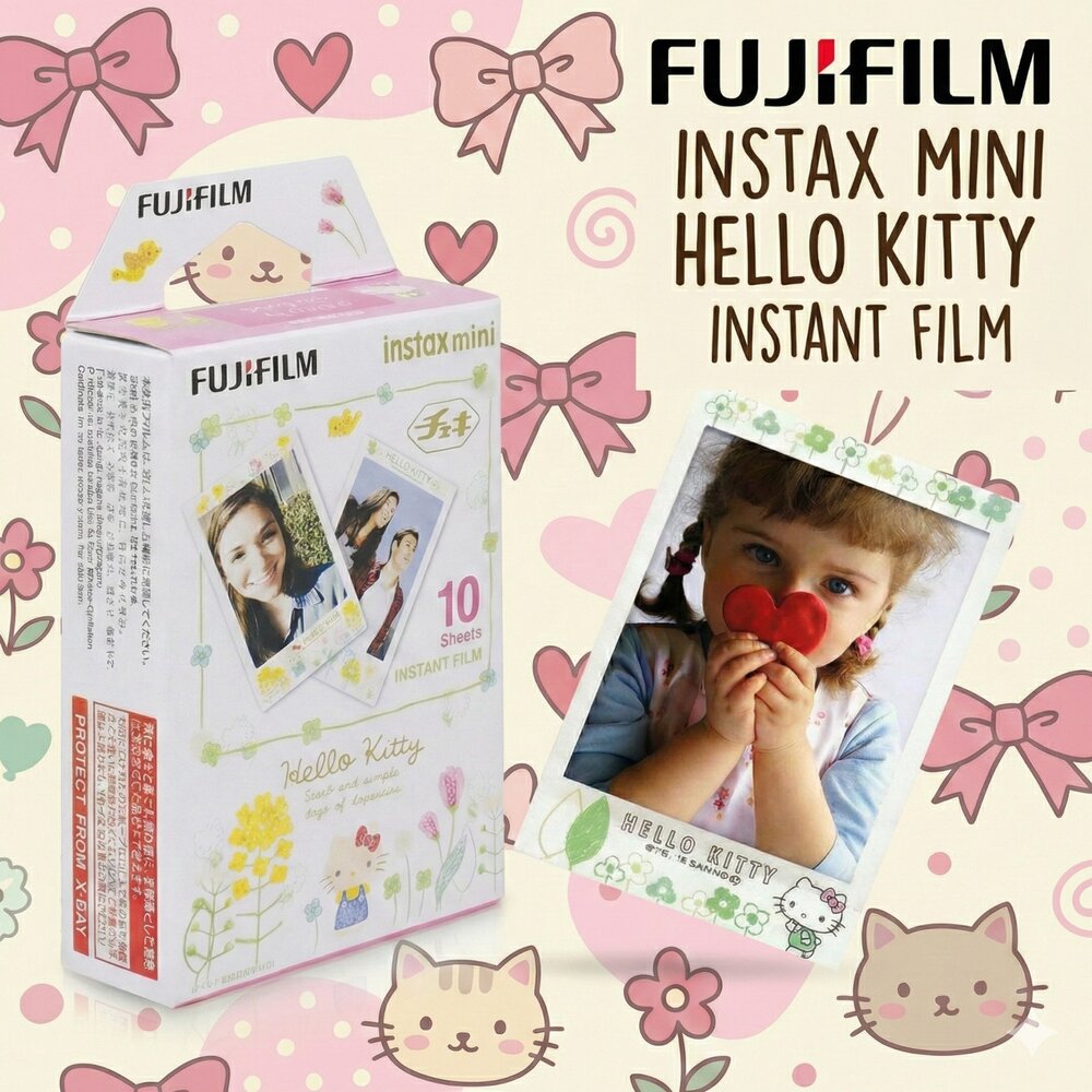 ✨富士📸 Instax Mini Hello Kitty 拍立得 底片 10張入 凱蒂貓插畫邊框 日本原裝 mini機型-圖片-1