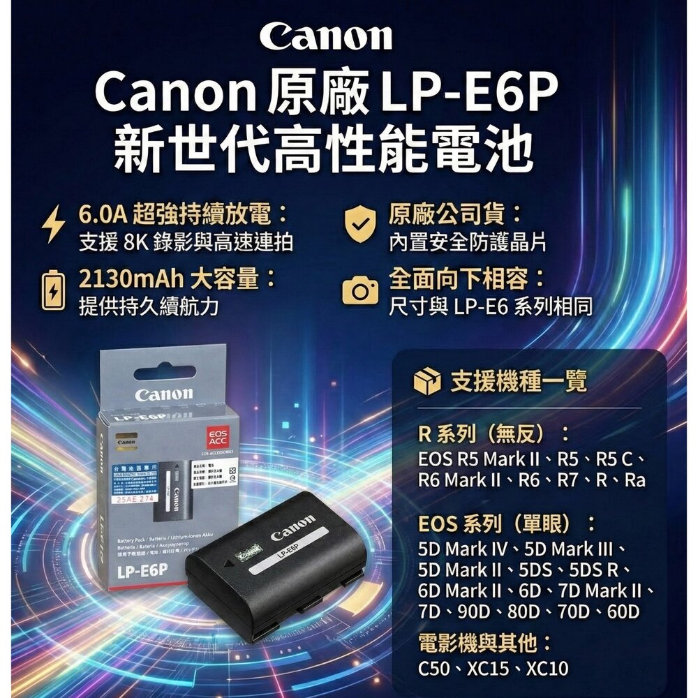25696536258-公司貨📸佳能新一代LP-E6P高容量電池R5 Mark II專屬⚡6A大電流✅正品公司貨專業高速連拍續航
