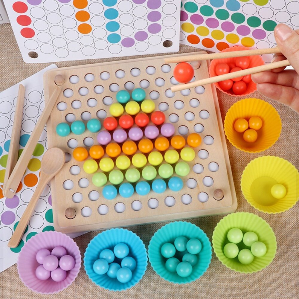 000112-媽媽買 1108 夾珠子 學習用筷子 手部鍛練 木製玩具 顏色認知分類 益智早教 兒童玩具 益智玩具