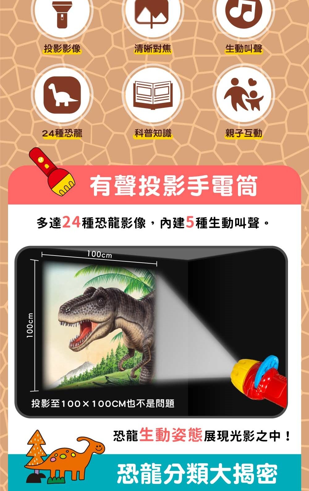 媽媽買 有聲投影手電筒 華碩文化 小百科 繪本 童書 投影手電筒 吼~吼~ 恐龍來了 前進動物王國 厚紙書-圖片-10